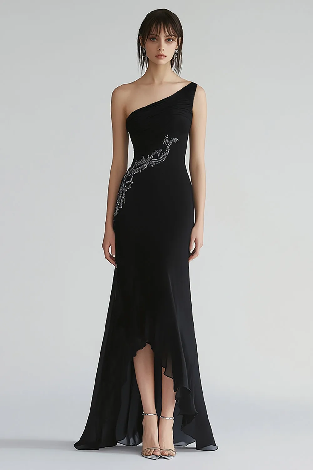 Black One Shoulder A Line Beaded Long Formal Dress sold by Zapaka