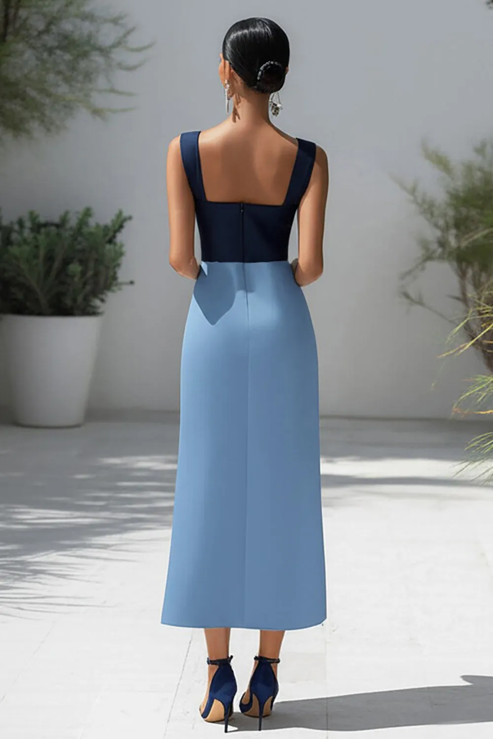 Blue Square Neck Sheath Formal Dress with Slit sold by Zapaka product image thumbnail 2