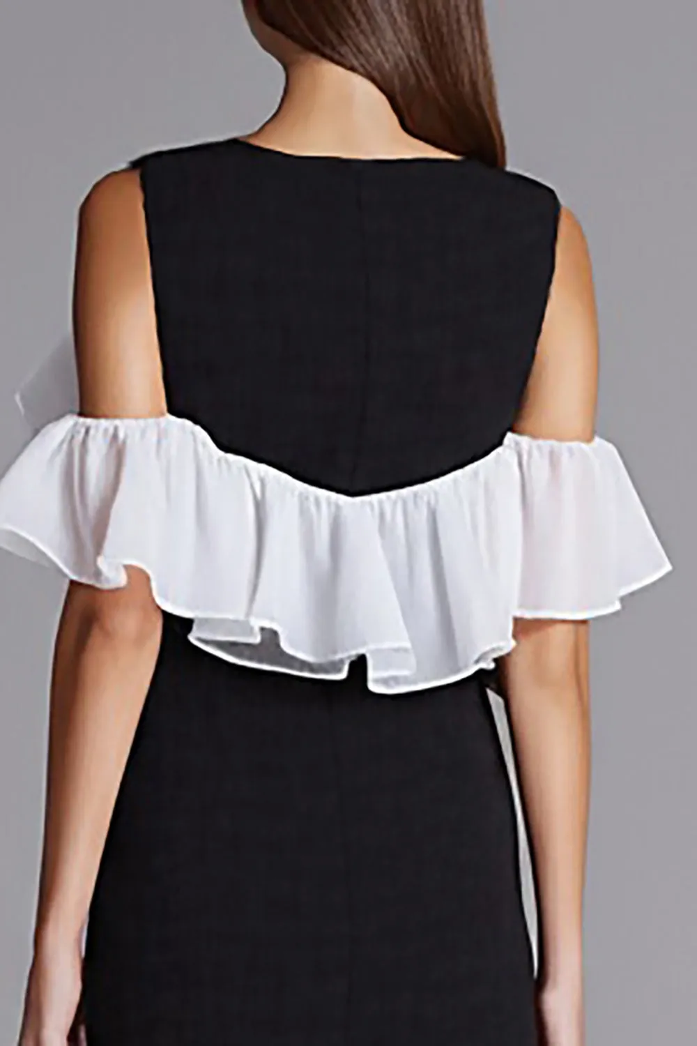 Ivory and Black Cold Shoulder Sheath Formal Dress with Ruffles sold by Zapaka product image thumbnail 4
