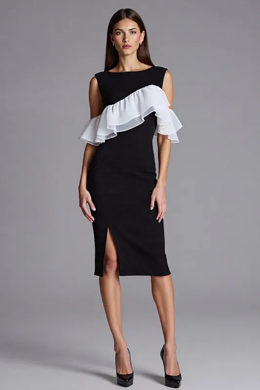 Ivory and Black Cold Shoulder Sheath Formal Dress with Ruffles sold by Zapaka