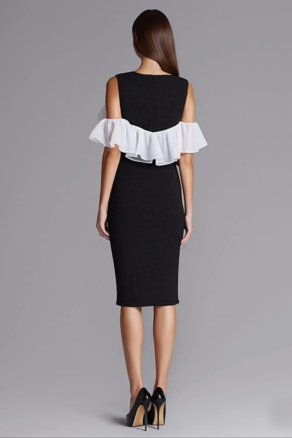 Ivory and Black Cold Shoulder Sheath Formal Dress with Ruffles sold by Zapaka product image thumbnail 2