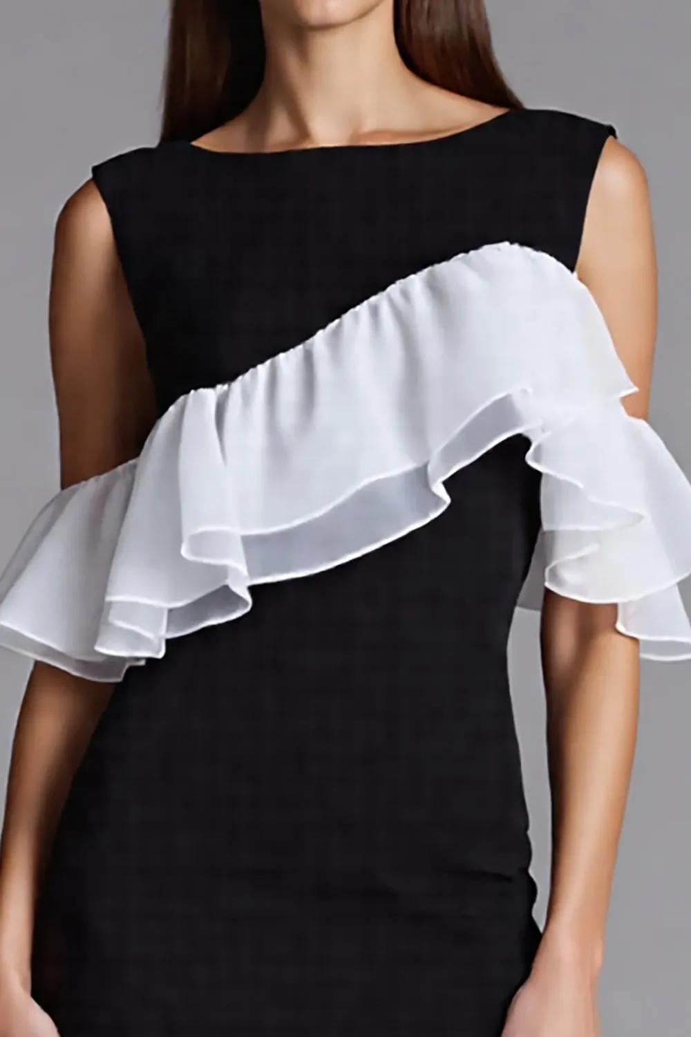 Ivory and Black Cold Shoulder Sheath Formal Dress with Ruffles sold by Zapaka product image thumbnail 3
