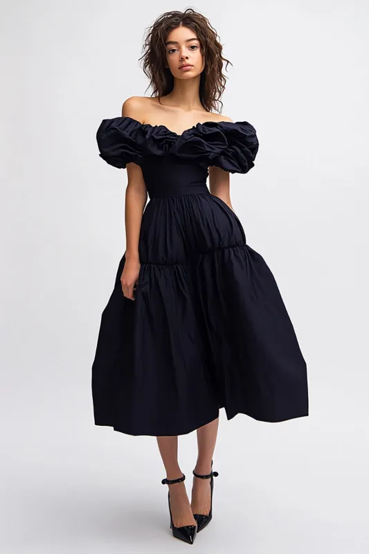 Black Off The Shoulder A Line Ruched Long Formal Dress sold by Zapaka