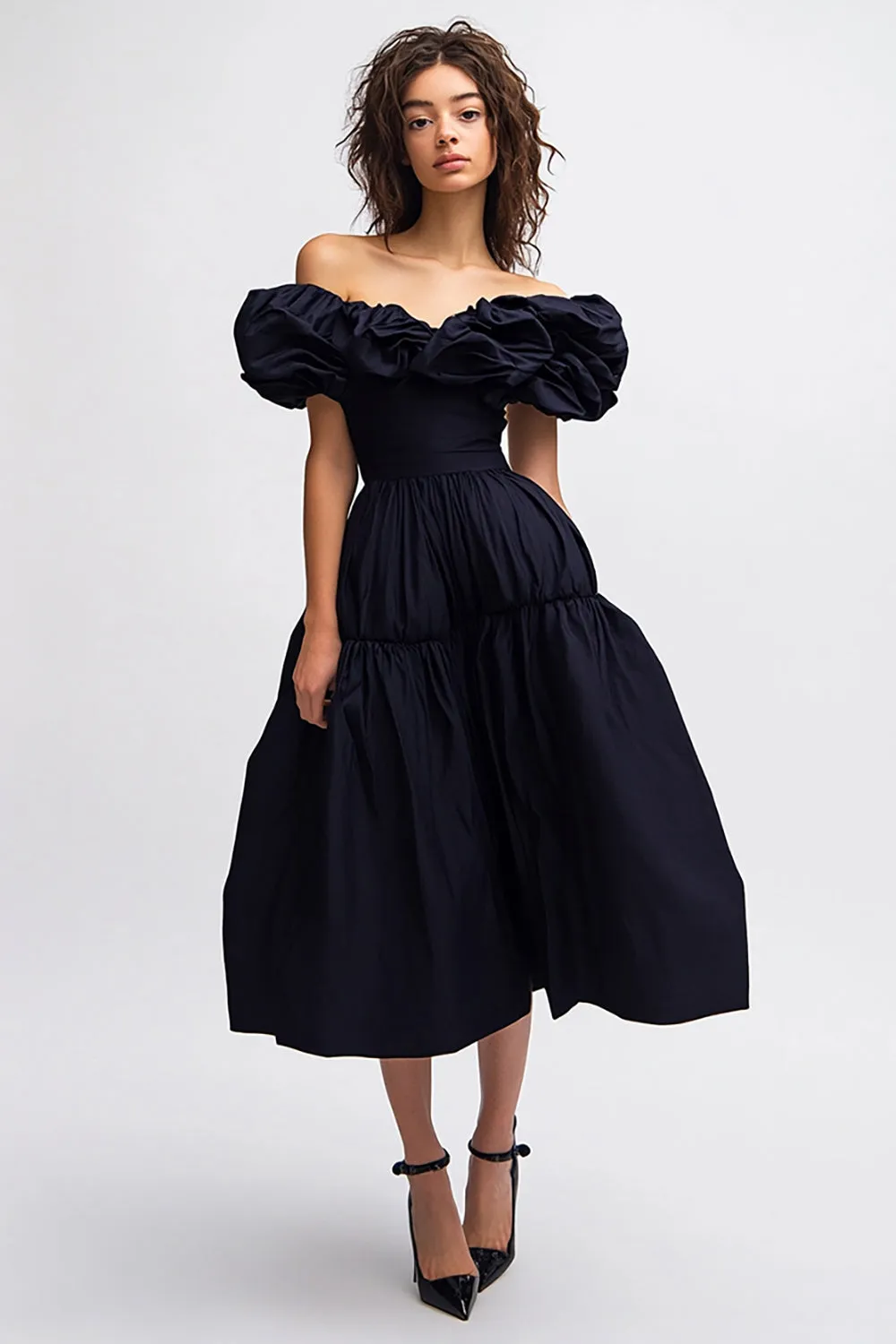 Black Off The Shoulder A Line Ruched Long Formal Dress sold by Zapaka