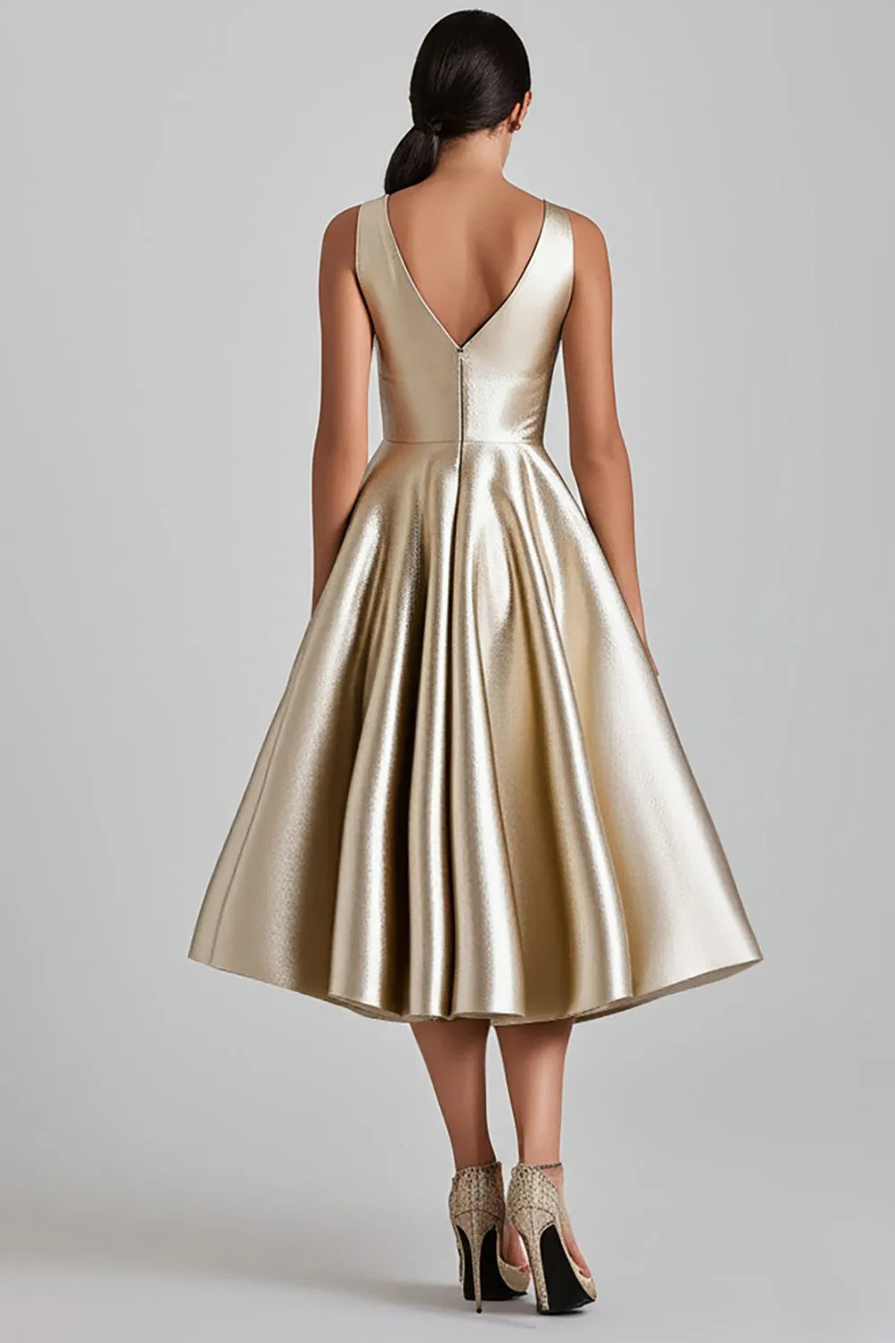 Metallic Champagne V Neck A Line Midi Formal Dress sold by Zapaka product image thumbnail 2