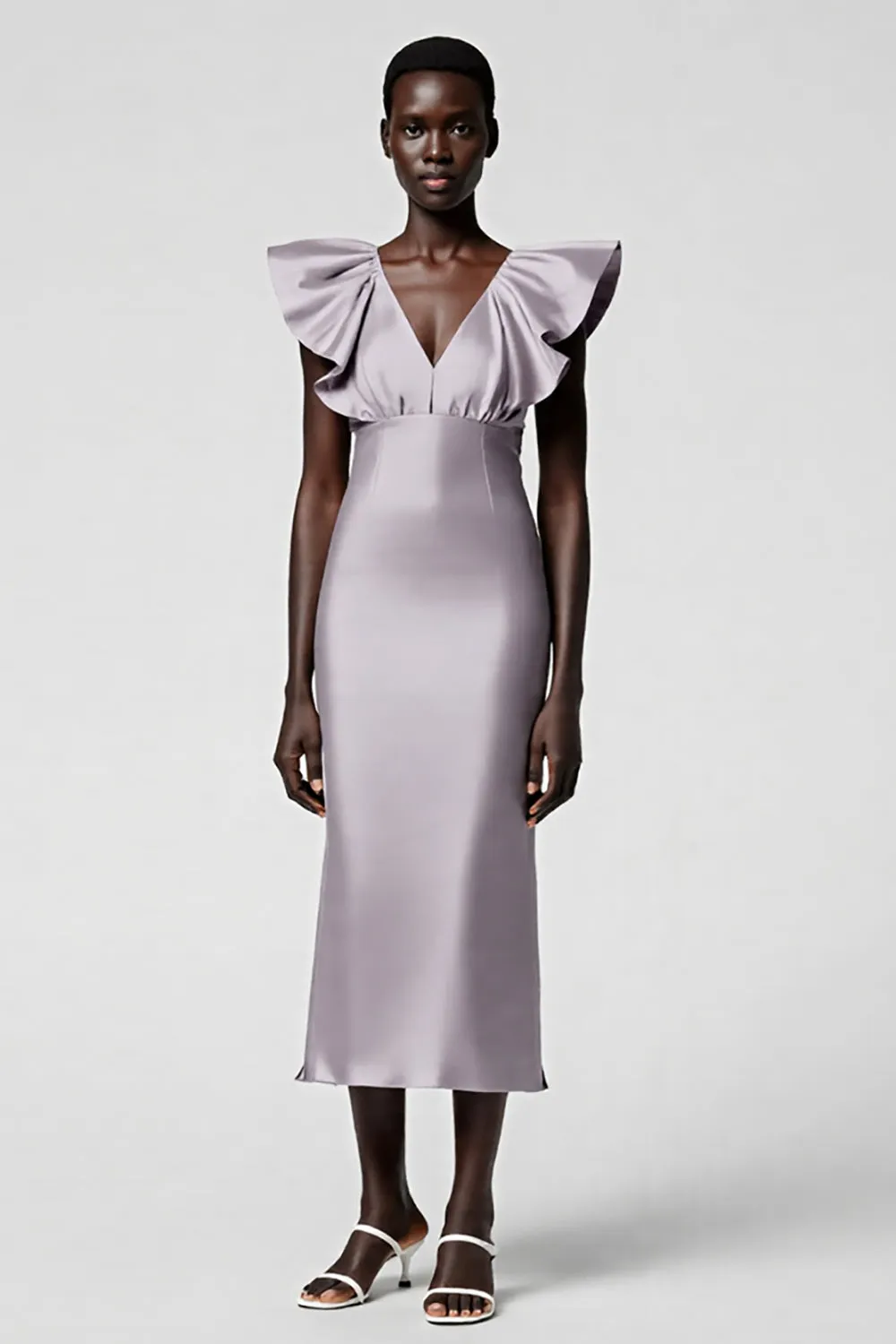 Taro Purple V Neck Sheath Ruffled Midi Formal Dress sold by Zapaka