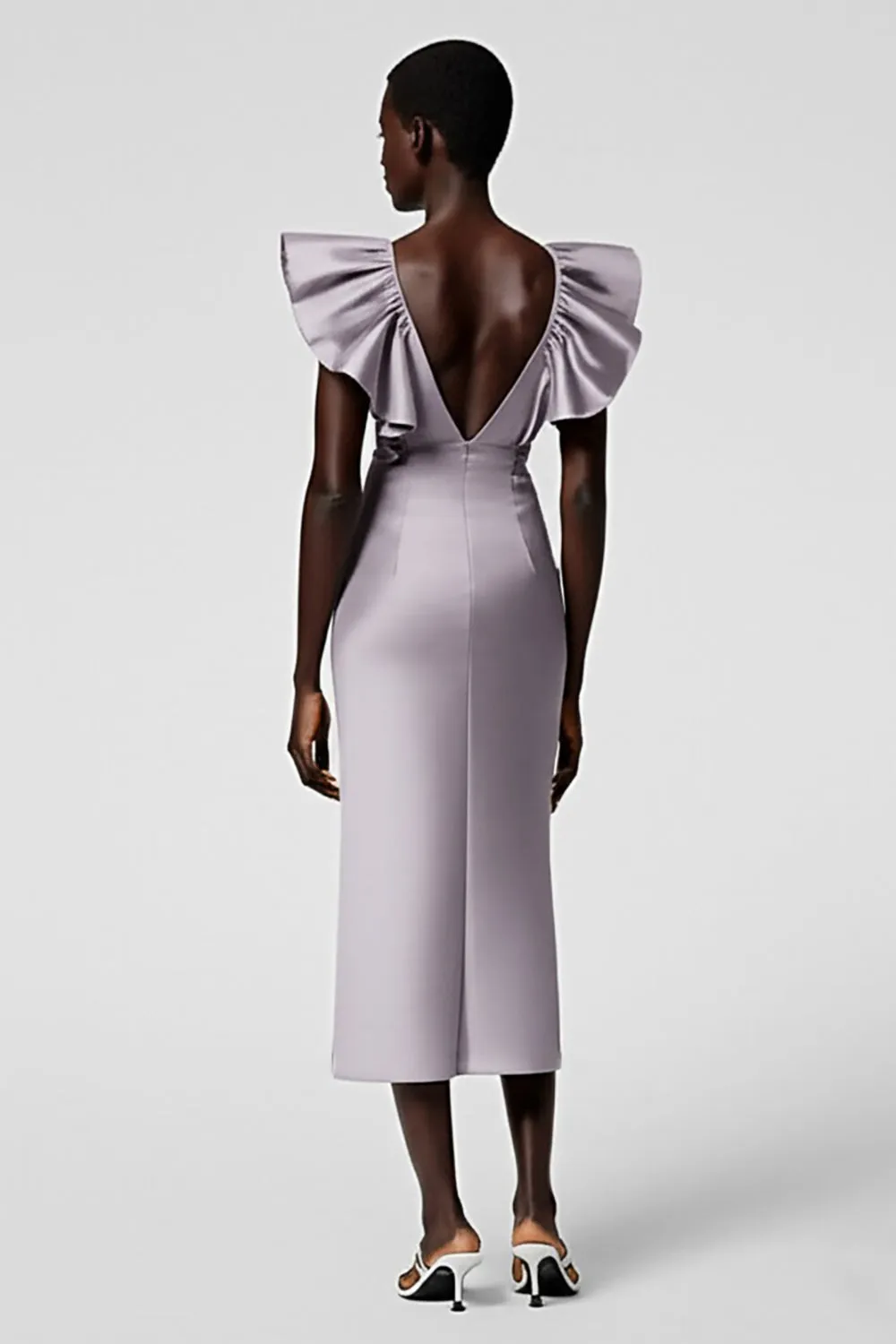 Taro Purple V Neck Sheath Ruffled Midi Formal Dress sold by Zapaka product image thumbnail 2