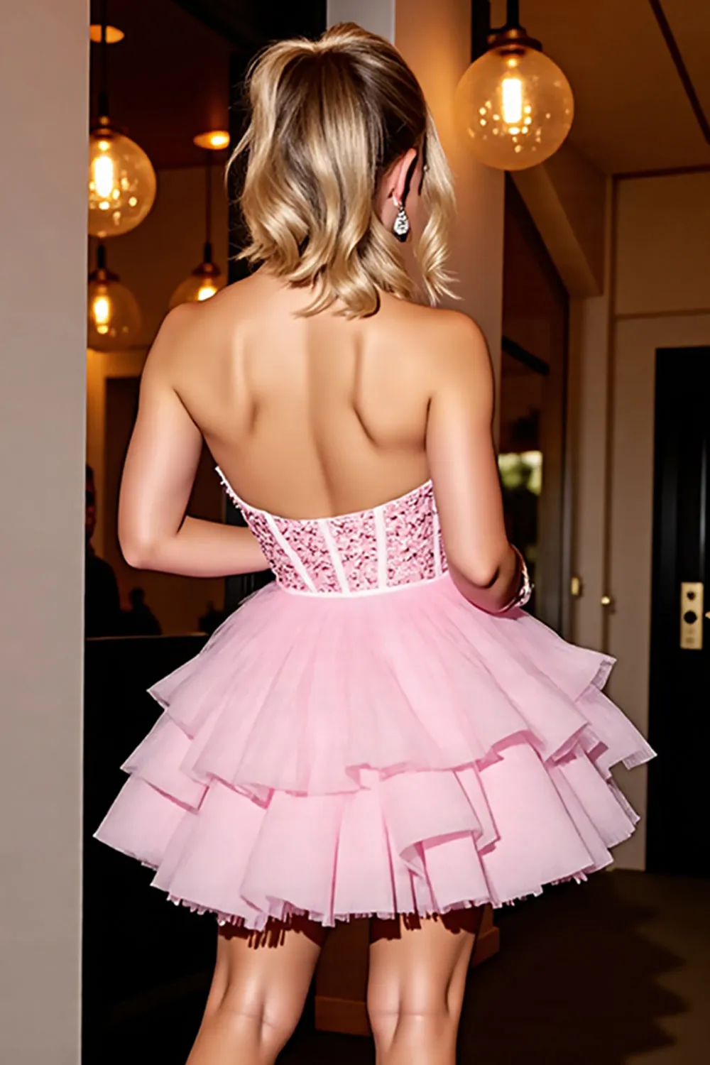 Pink Strapless Corset Tiered Homecoming Dress sold by Zapaka product image thumbnail 4