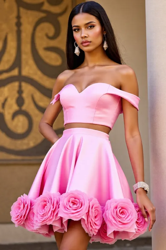 Off The Shoulder Two Piece Pink Homecoming Dress sold by Zapaka