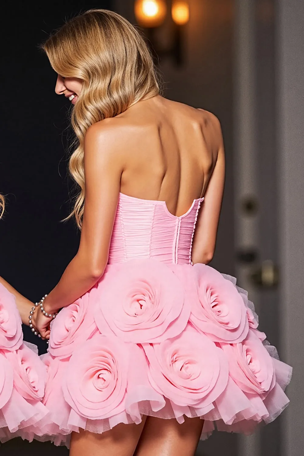 Strapless Pink Homecoming Dress with 3D Flowers sold by Zapaka product image thumbnail 3