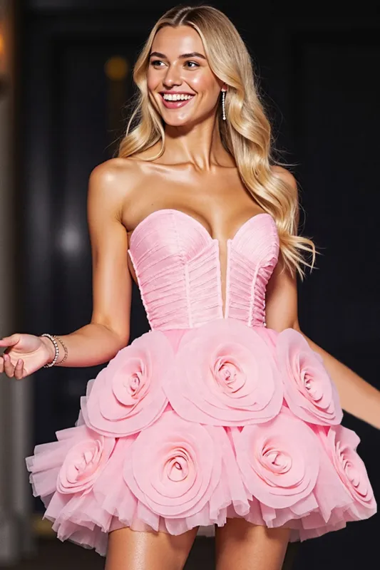 Strapless Pink Homecoming Dress with 3D Flowers sold by Zapaka