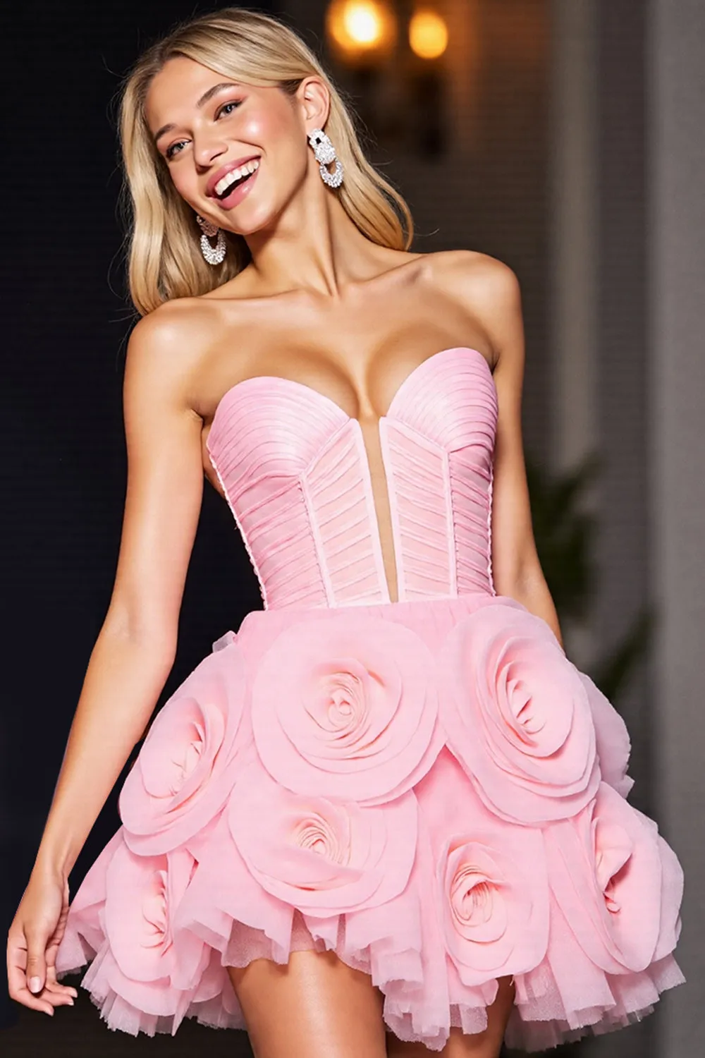 Strapless Pink Homecoming Dress with 3D Flowers sold by Zapaka product image thumbnail 2