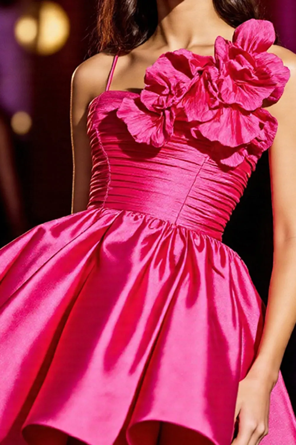 Fuchsia Ruched Satin Homecoming Dress with 3D Flowers sold by Zapaka product image thumbnail 4