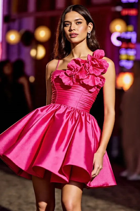 Fuchsia Ruched Satin Homecoming Dress with 3D Flowers sold by Zapaka