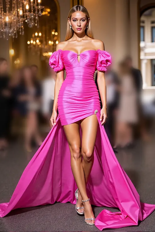 Off The Shoulder Fuchsia Ruched Homecoming Dress sold by Zapaka