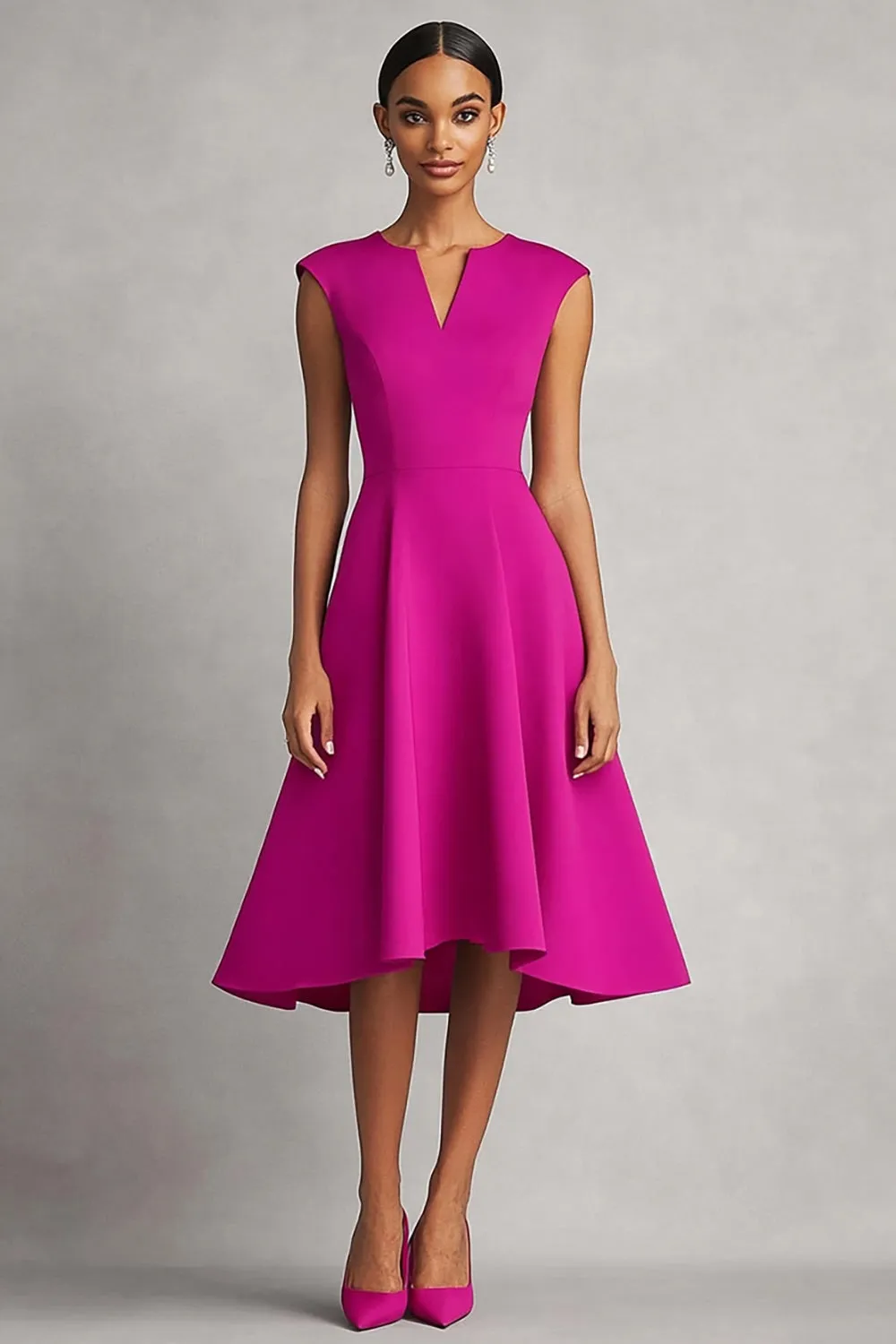 Simple Fuchsia A Line V Neck Midi Work Dress sold by Zapaka