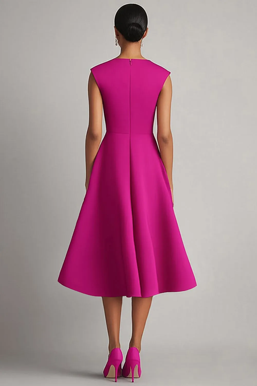 Simple Fuchsia A Line V Neck Midi Work Dress sold by Zapaka product image thumbnail 2