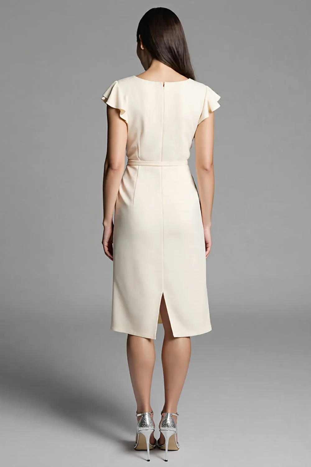 Ivory Bodycon Ruched Midi Work Dress with Sash sold by Zapaka product image thumbnail 2