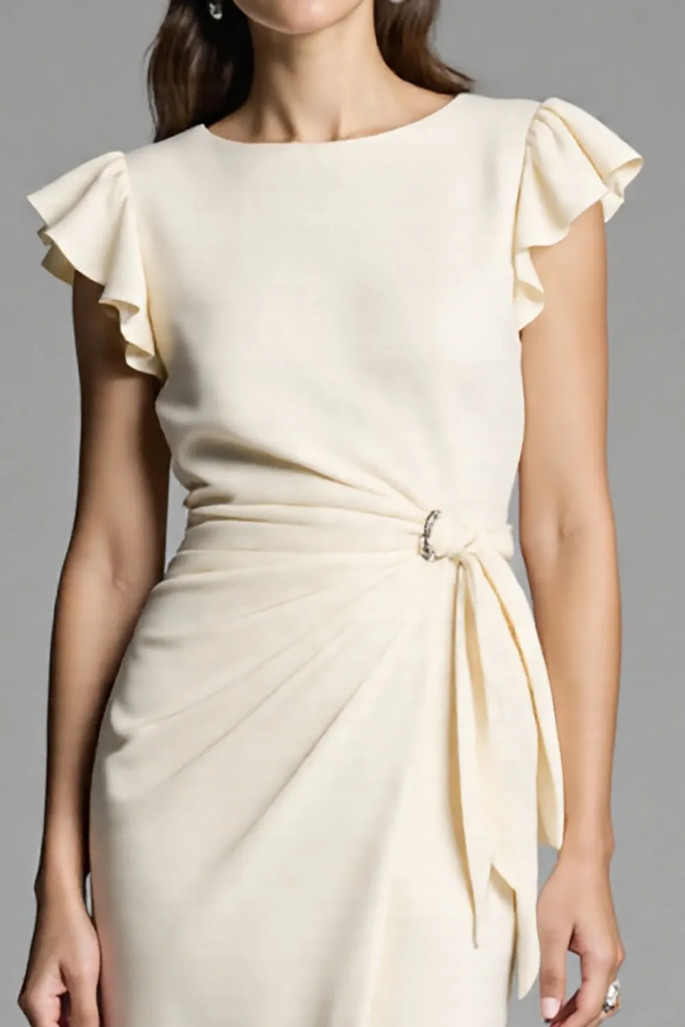 Ivory Bodycon Ruched Midi Work Dress with Sash sold by Zapaka product image thumbnail 3