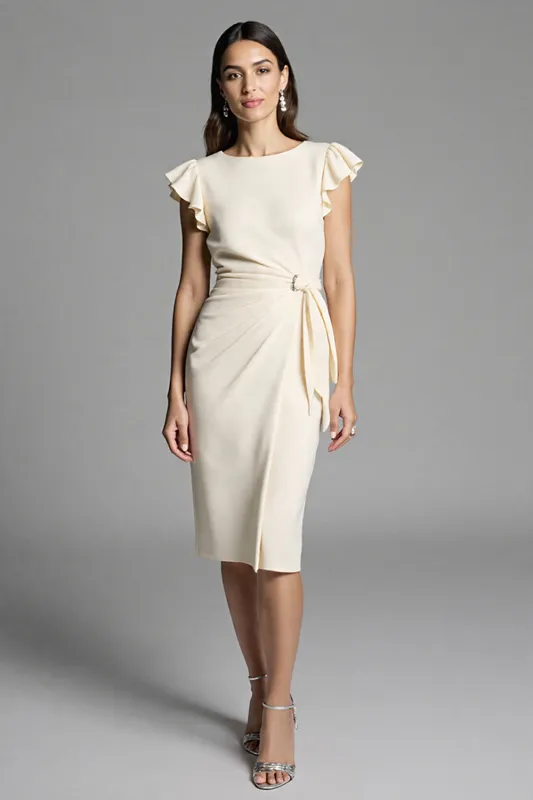 Ivory Bodycon Ruched Midi Work Dress with Sash sold by Zapaka