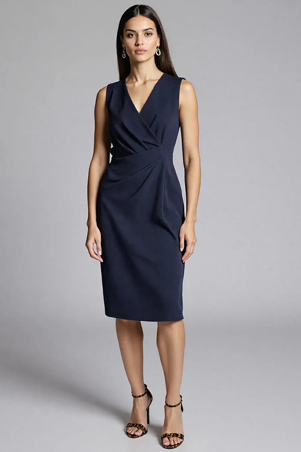 Navy Sheath Ruched Midi Work Dress sold by Zapaka
