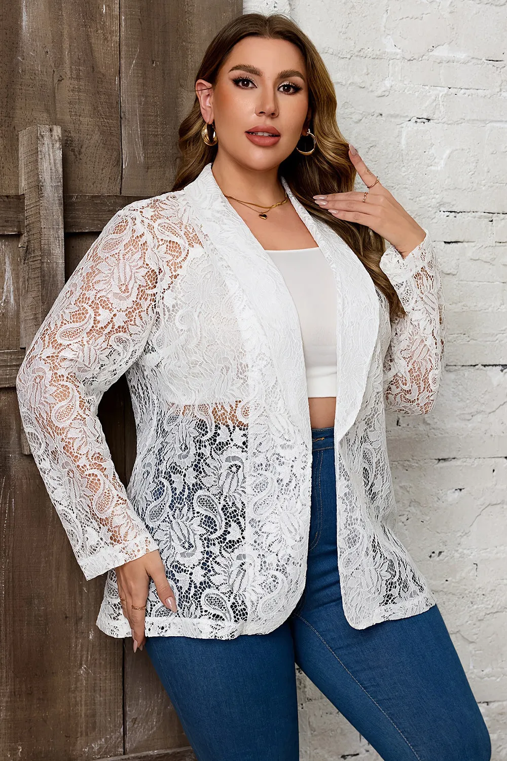 Lace White Shawl Lapel Plus Size Women's Blazer sold by Zapaka