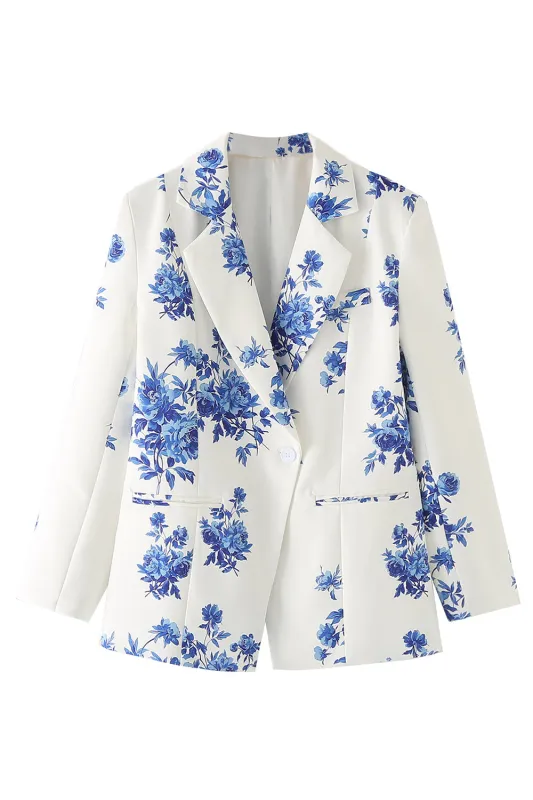 Blue Flower Notched Lapel One Button Women's Blazer sold by Zapaka