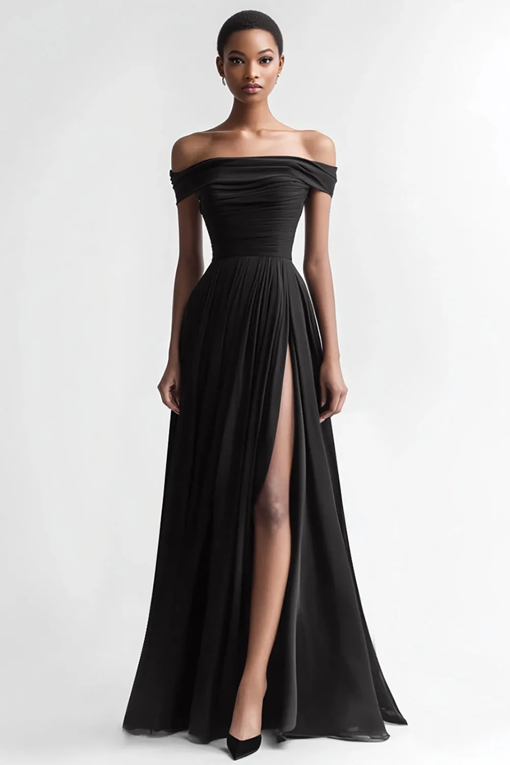 Black A Line Off The Shoulder Evening Dress with Slit sold by Zapaka