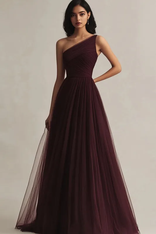 Burgundy Tulle A Line One Shoulder Evening Dress sold by Zapaka