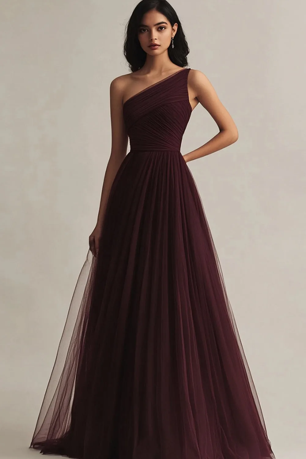 Burgundy Tulle A Line One Shoulder Evening Dress sold by Zapaka