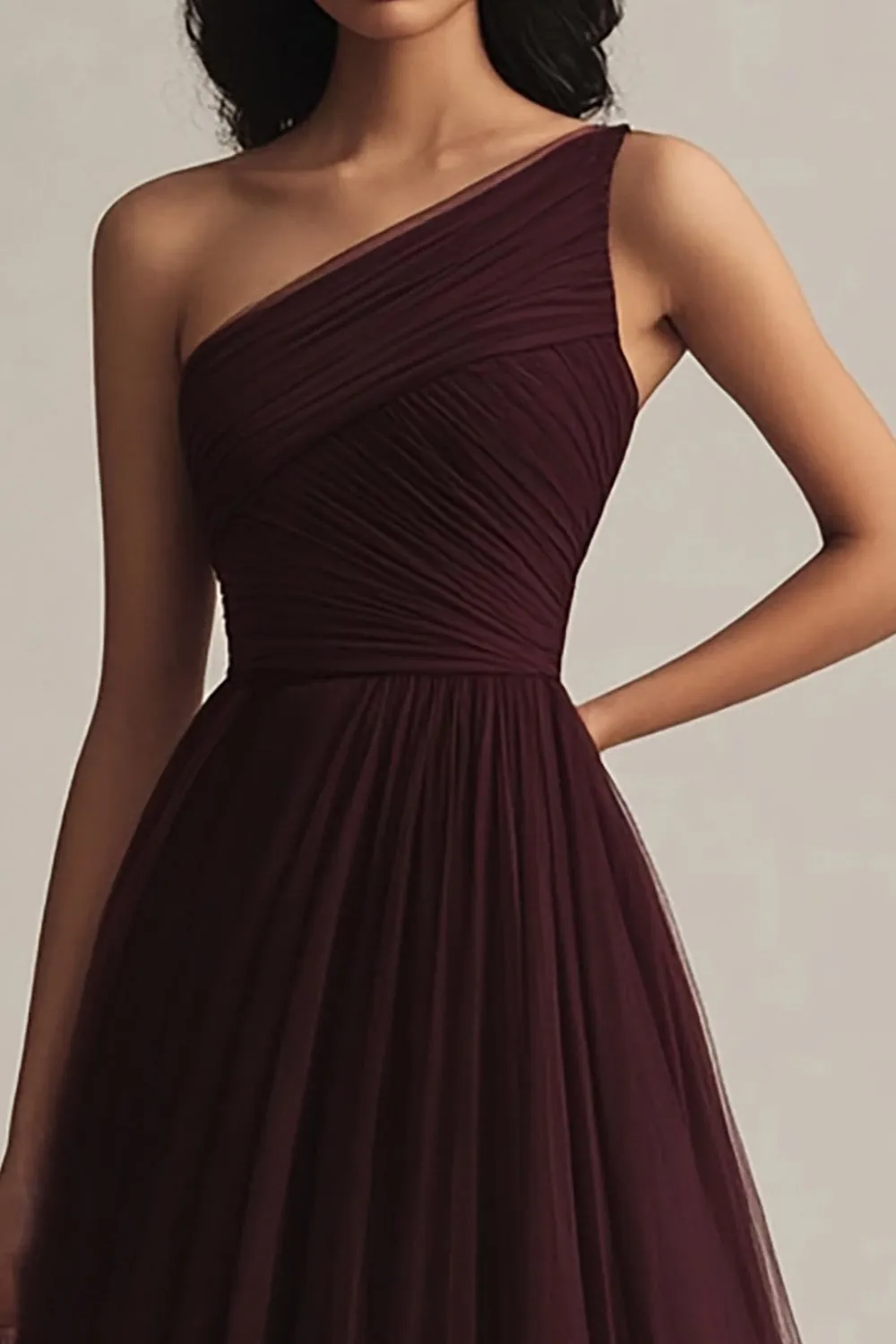 Burgundy Tulle A Line One Shoulder Evening Dress sold by Zapaka product image thumbnail 2