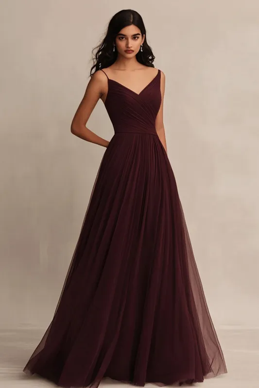 Tulle A Line Burgundy V Neck Evening Dress sold by Zapaka