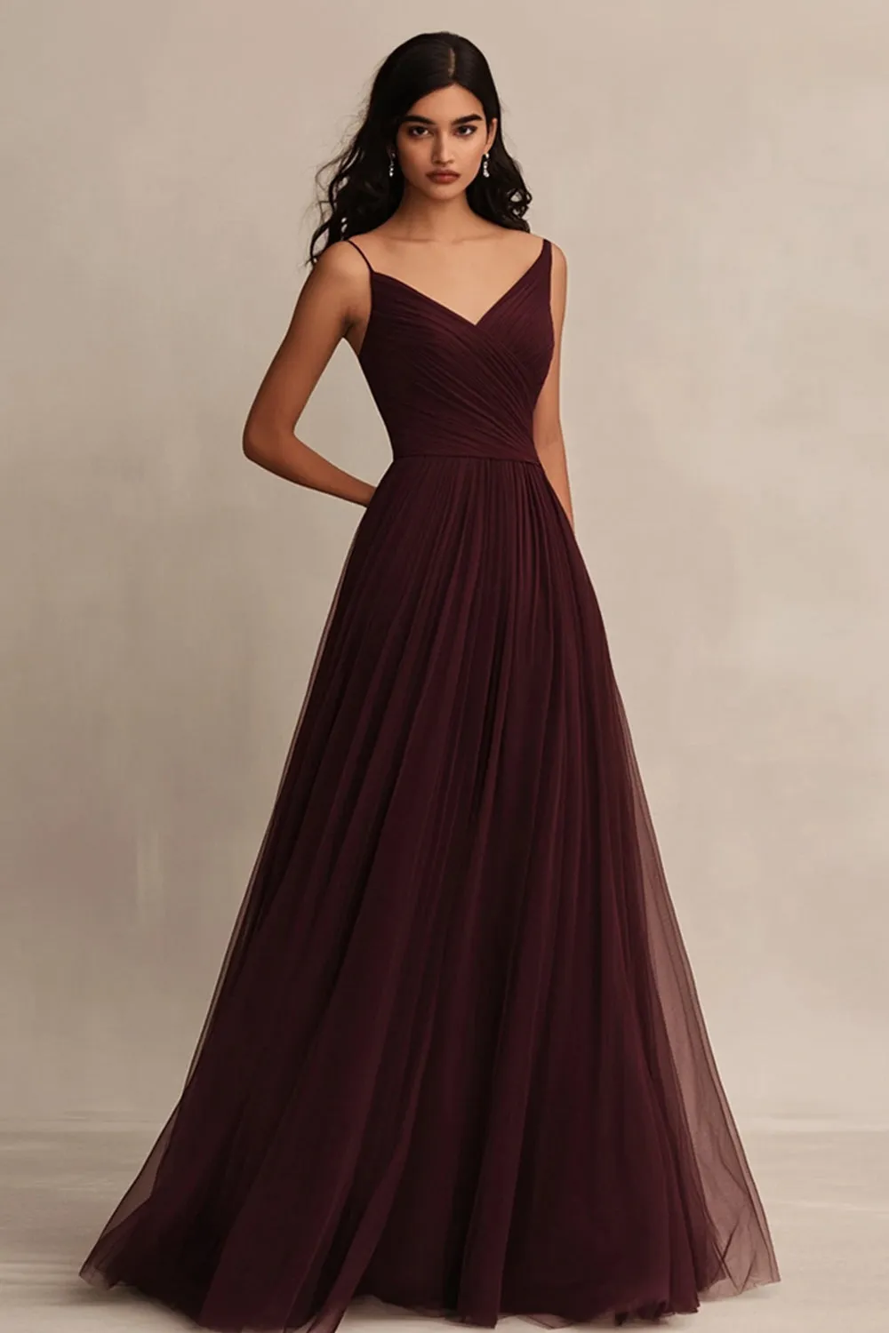 Tulle A Line Burgundy V Neck Evening Dress sold by Zapaka