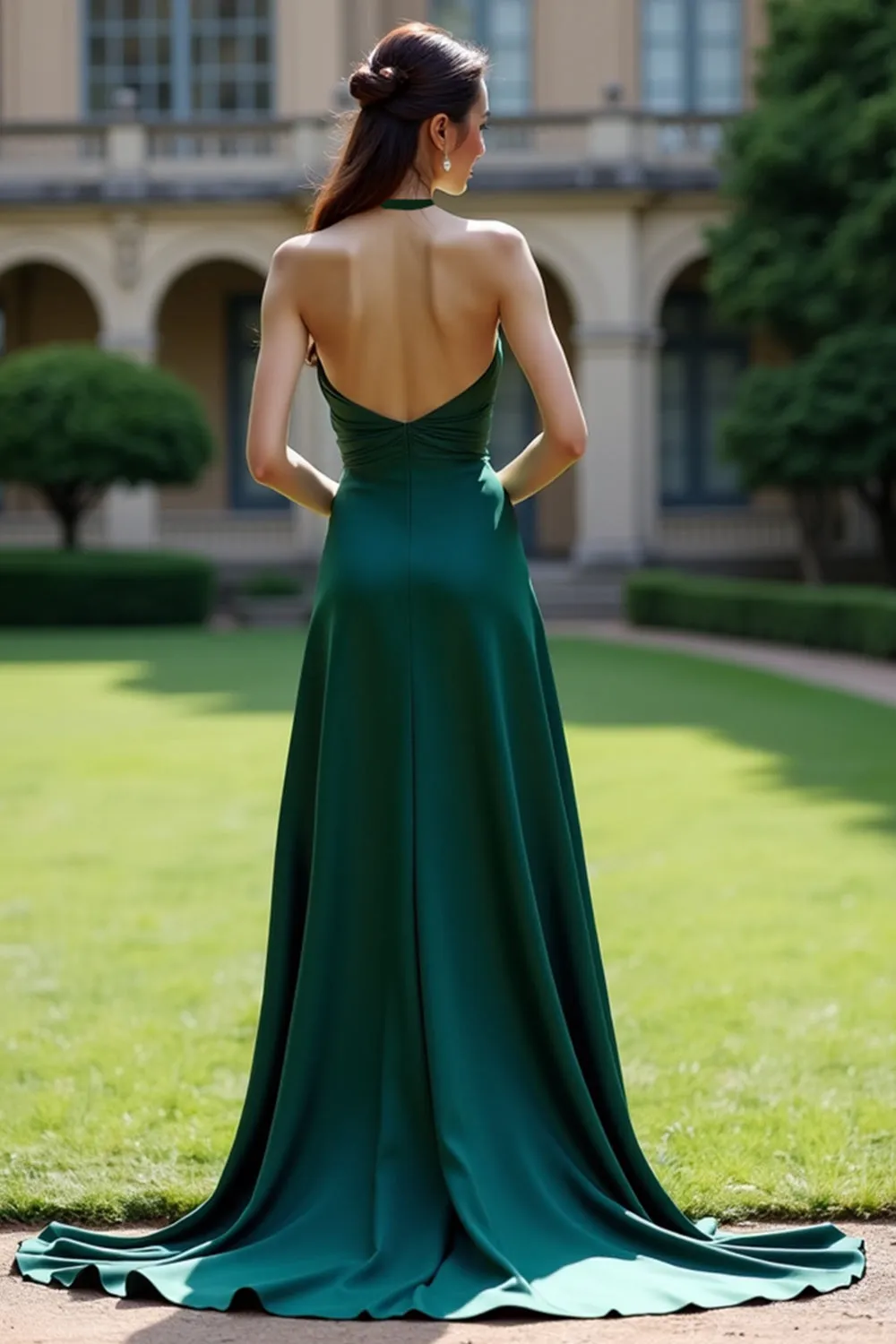 Dark Green Halter Satin A Line Evening Dress with Slit sold by Zapaka product image thumbnail 2