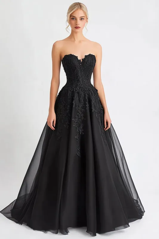 Black Tulle A Line Strapless Long Evening Dress with Appliques sold by Zapaka