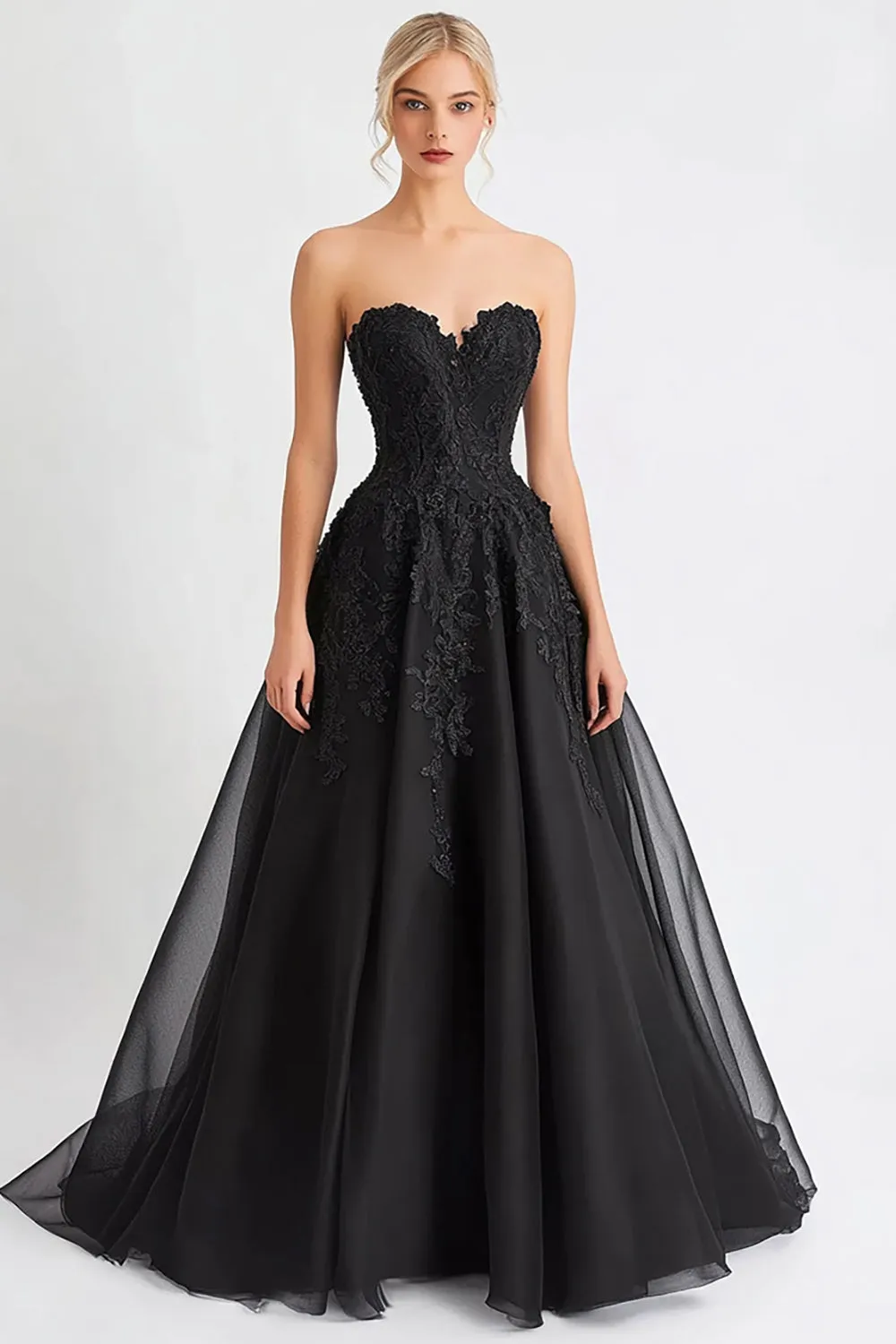 Black Tulle A Line Strapless Long Evening Dress with Appliques sold by Zapaka