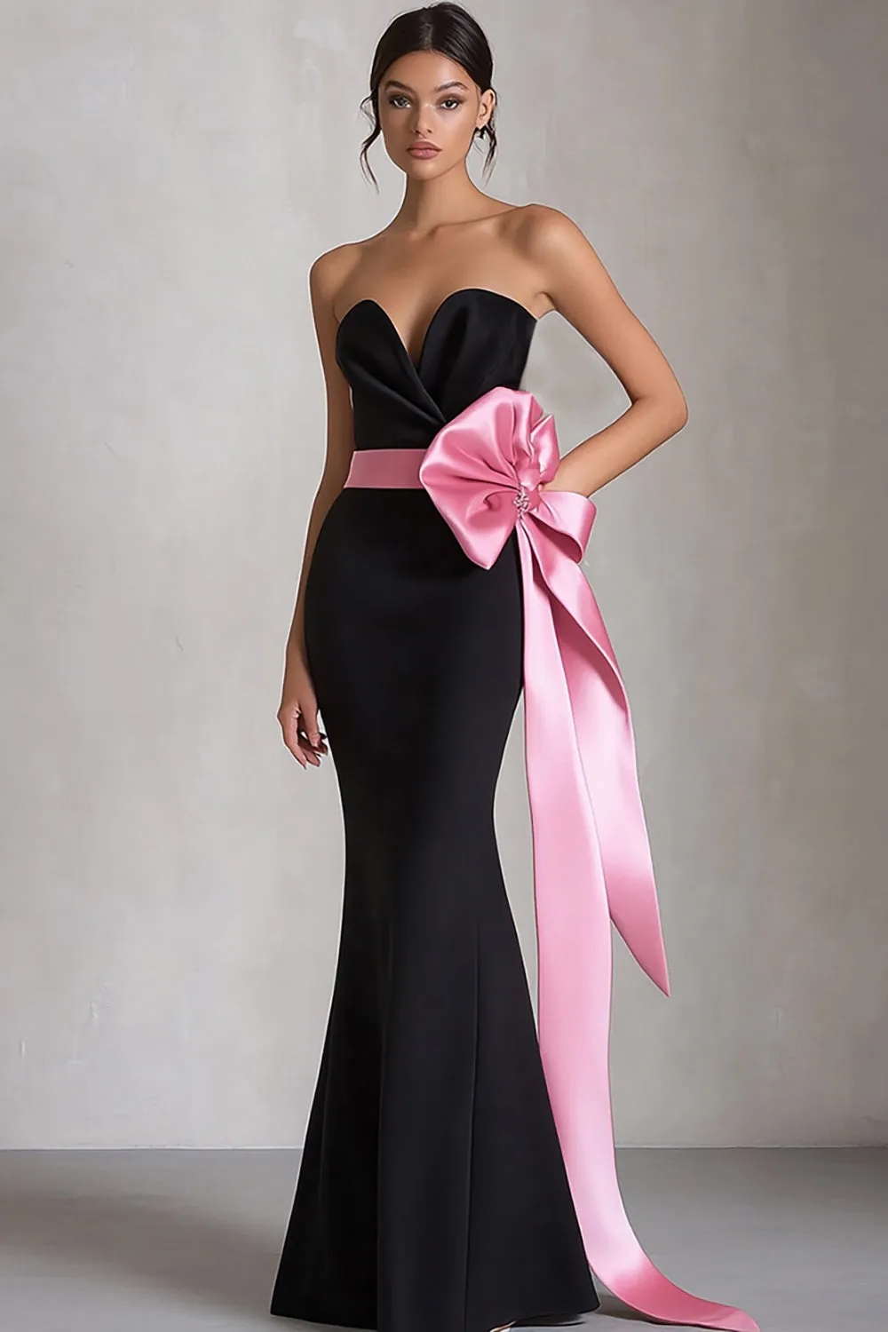 Black and Pink Sheath Strapless Satin Long Evening Dress with Bow sold by Zapaka