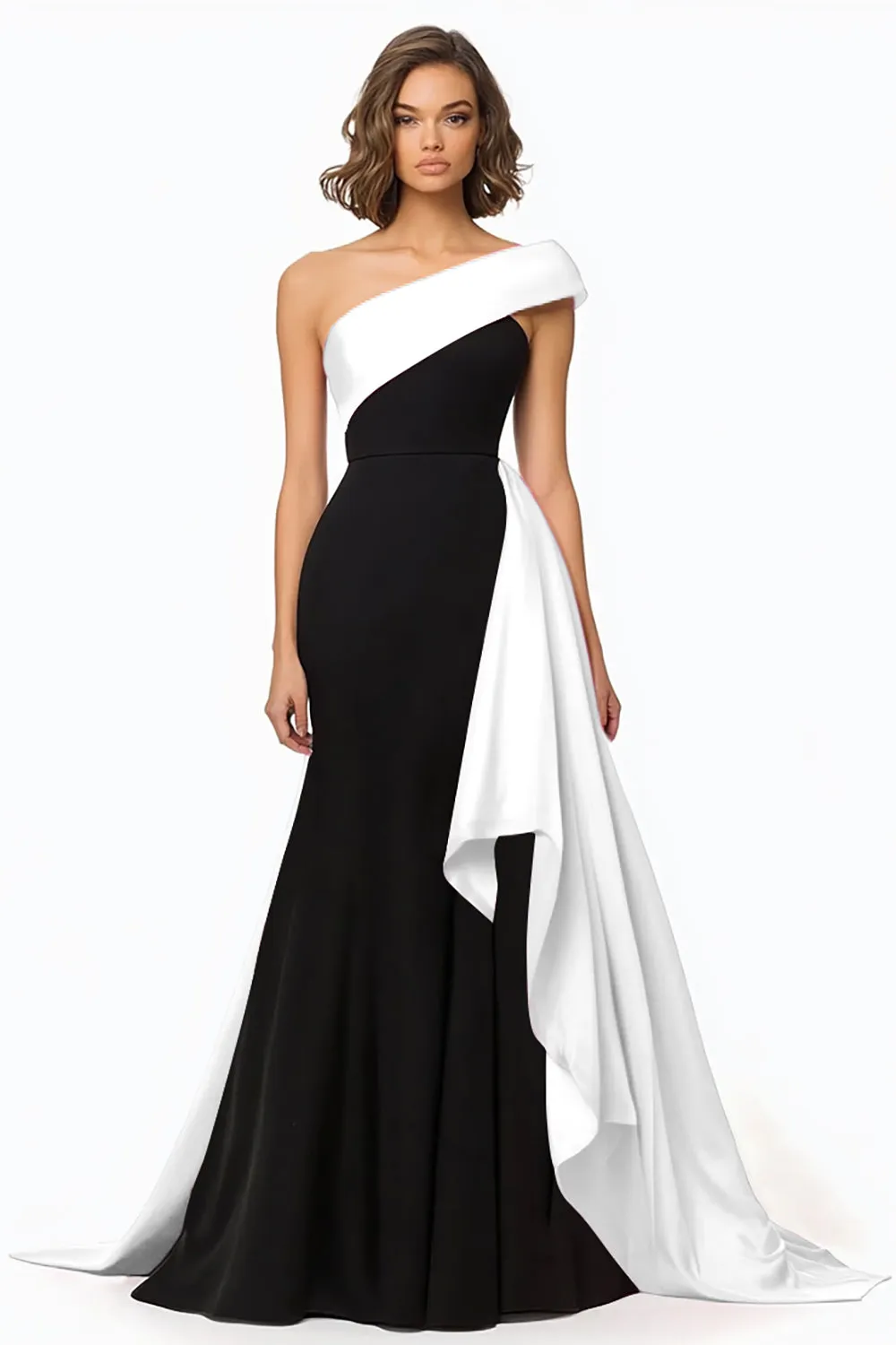 Black and White One Shoulder Ruffled Evening Dress sold by Zapaka product image thumbnail 3