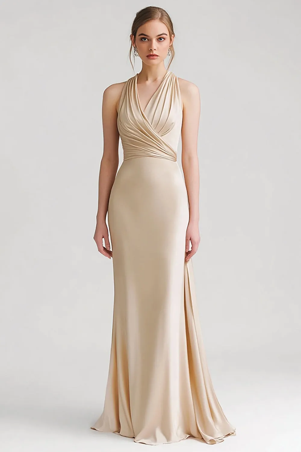 Champagne Halter Sheath Ruched Evening Dress sold by Zapaka