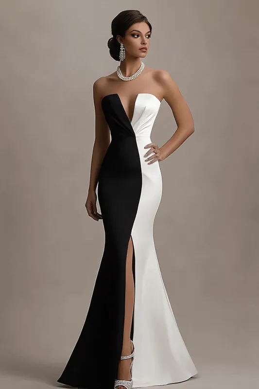 Strapless Black And White Mermaid Evening Dress with Slit sold by Zapaka
