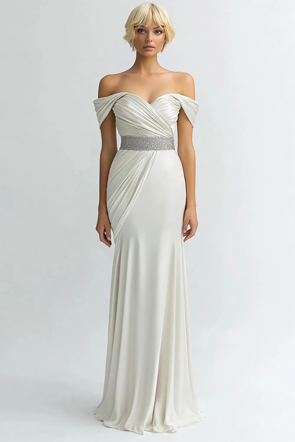 Ivory Ruched Long Evening Dress with Beading sold by Zapaka