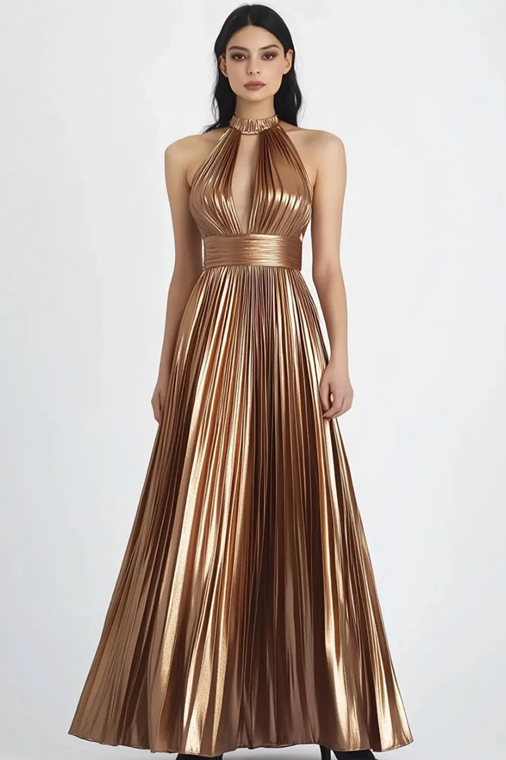 Gold Metallic Satin A Line Pleated Halter Evening Dress sold by Zapaka