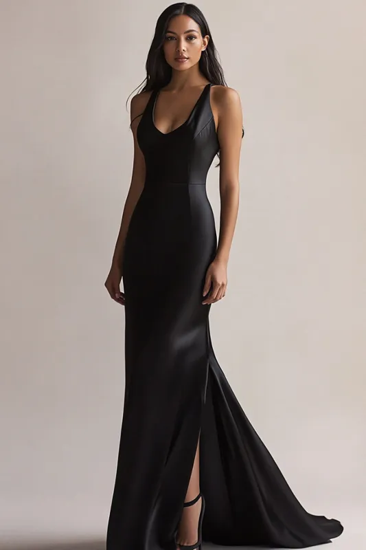 Black Scoop Neck Mermaid Evening Dress with Slit made by Zapaka