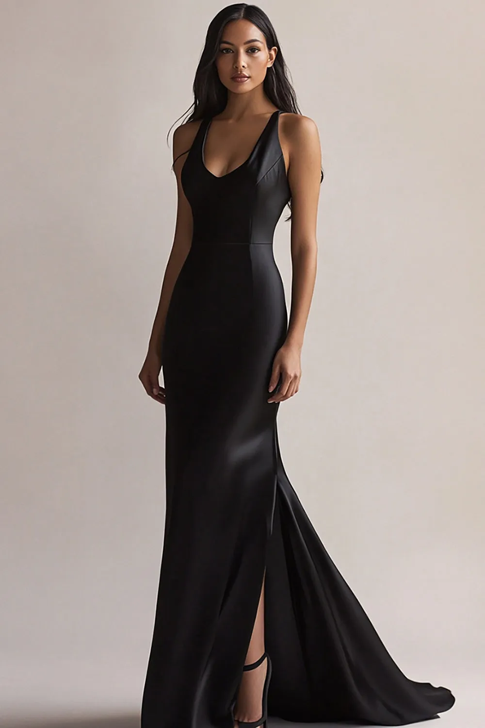 Black Scoop Neck Mermaid Evening Dress with Slit sold by Zapaka