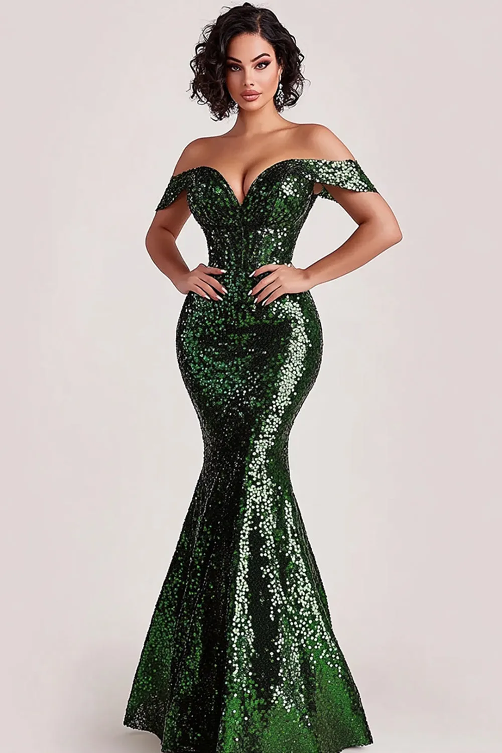 Sparkly Sequins Mermaid Off the Shoulder Dark Green Evening Dress sold by Zapaka