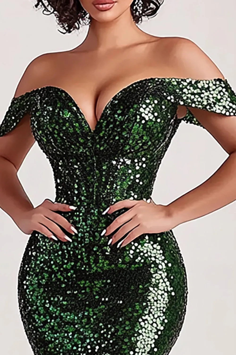 Sparkly Sequins Mermaid Off the Shoulder Dark Green Evening Dress sold by Zapaka product image thumbnail 2