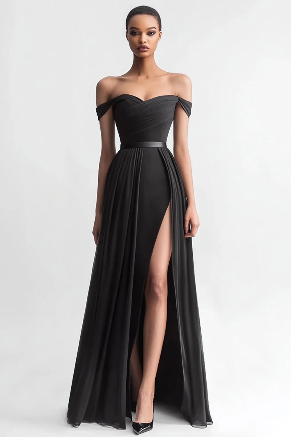 Off The Shoulder Black A Line Evening Dress with Slit sold by Zapaka