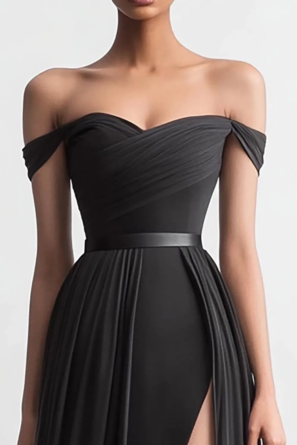 Off The Shoulder Black A Line Evening Dress with Slit sold by Zapaka product image thumbnail 2