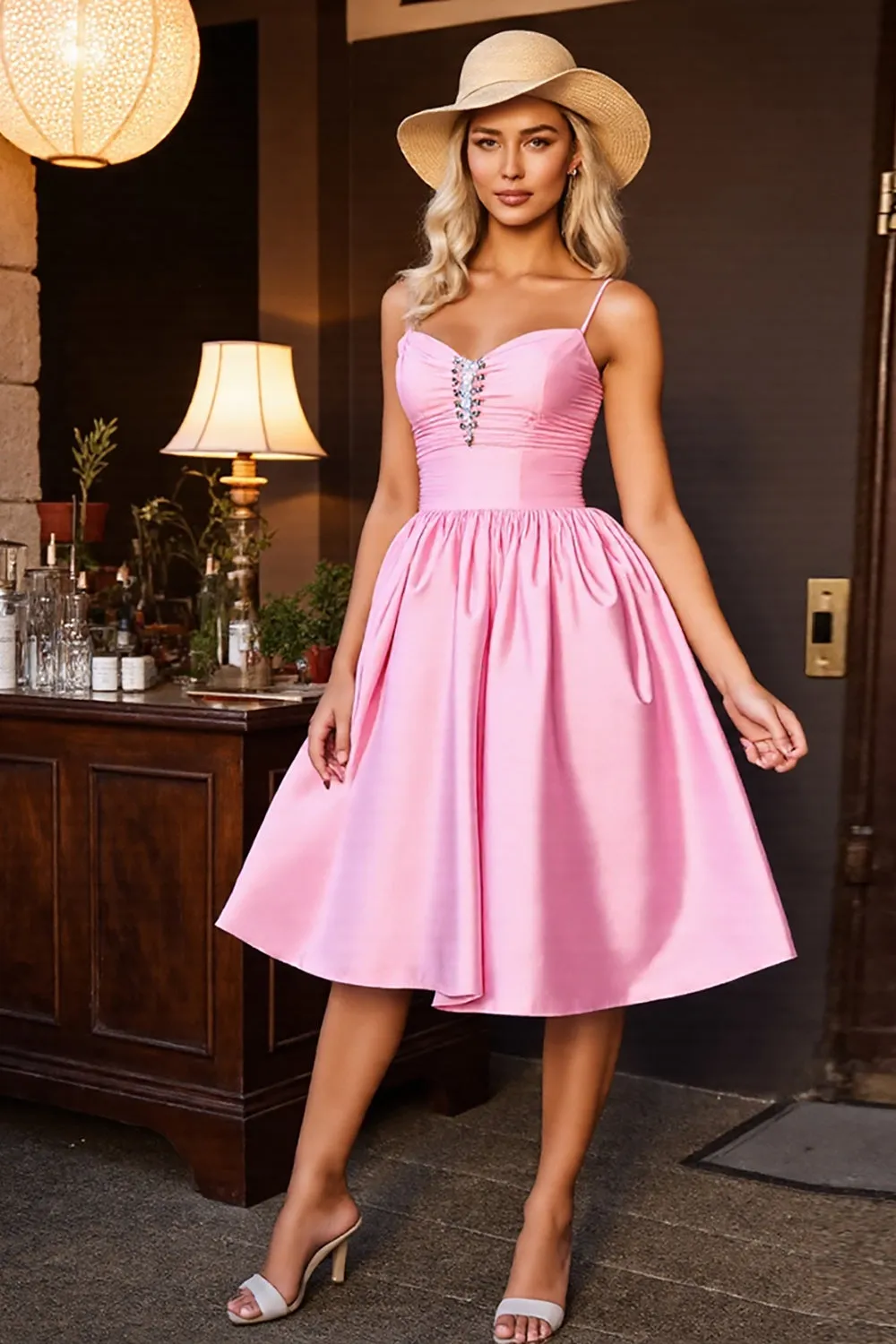 Pink Satin A Line Spaghetti Straps Midi Homecoming Dress sold by Zapaka