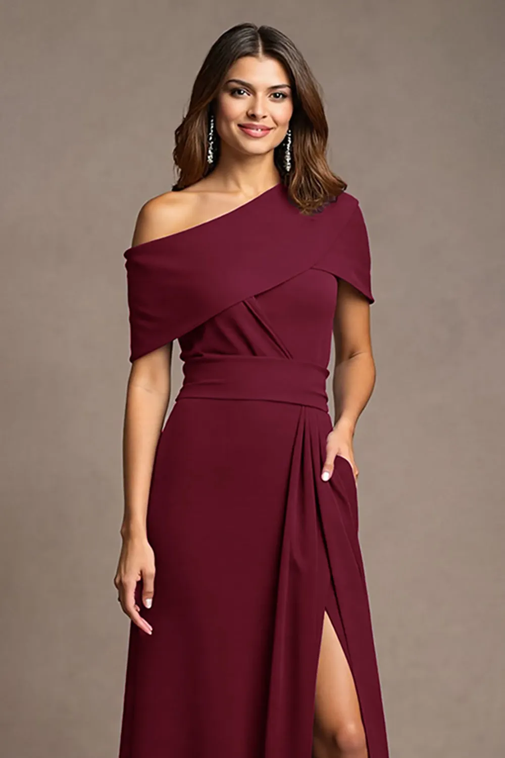 Burgundy A Line Long Mother Of The Bride Dress With Slit sold by Zapaka product image thumbnail 3